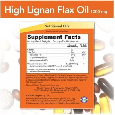NOW1780 High Lignan Flax Oil Organic – 120 softgels - Afbeelding 2
